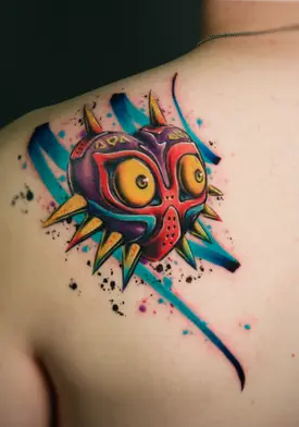 Tavarismus-Farb-Tätowierung der Majora-Maske aus „Zelda“, erstellt von Tiago Tavares.