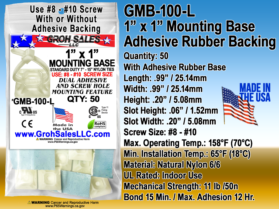 GMB-100-L  1" x 1" Mounting Base- Natural Nylon 6/6 MADE IN THE U.S.A.