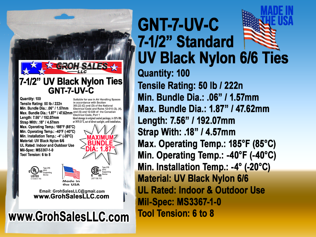 GNT-7-UV-C 7-1/2" Standard UV Black Nylon Ties USA_UL CSA_MIL_SPEC