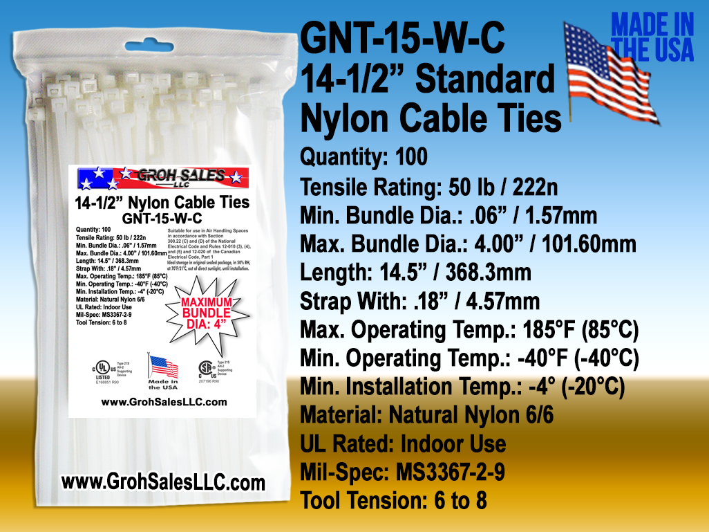 GNT-15-W-C  14" Standard Natural Nylon Ties USA_UL CSA_MIL_SPEC