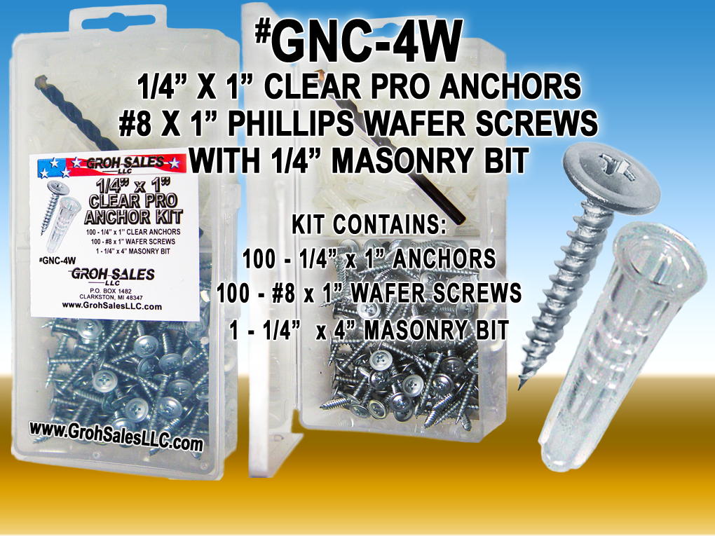GNC-4W "CLEAR" Anchor Kit with Phillips Wafer Screws & Masonry Drill Bit