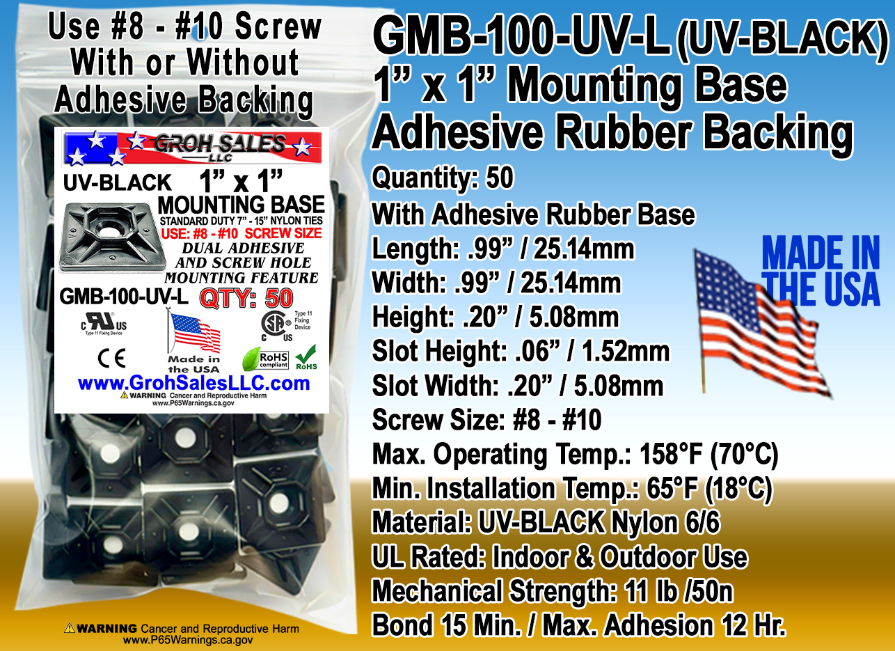 GMB-100-UV-L   1" x 1" Mounting Base- UV BLACK Nylon 6/6 MADE IN THE U.S.A.
