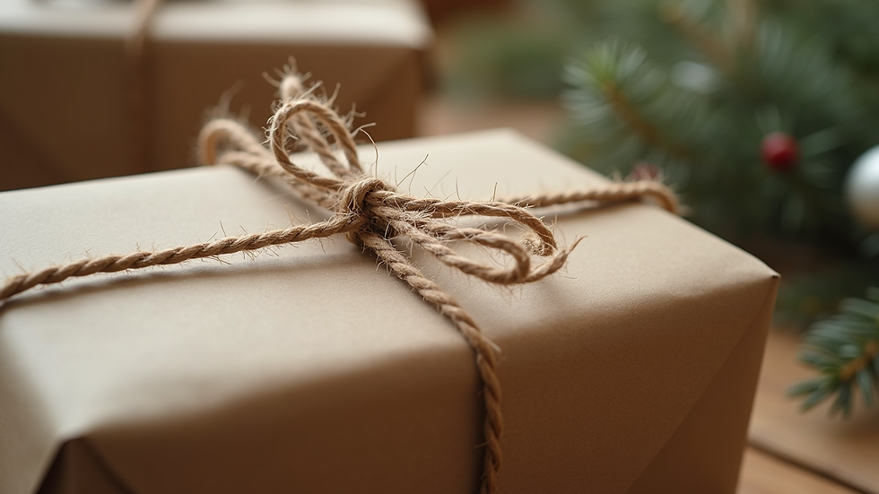 Eye-level view of eco-friendly gift wrapped in recycled paper with natural twine