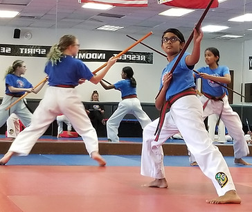 Students using bo staffs and showing off a self created demo