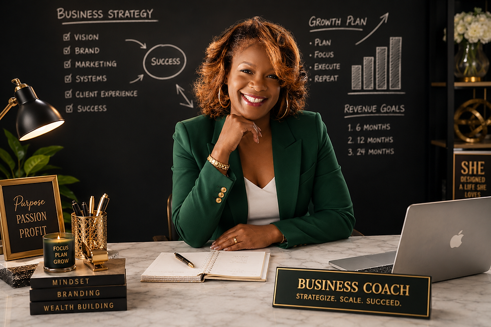 Wide landscape photo of a confident beauty and business educator in a green blazer at a desk