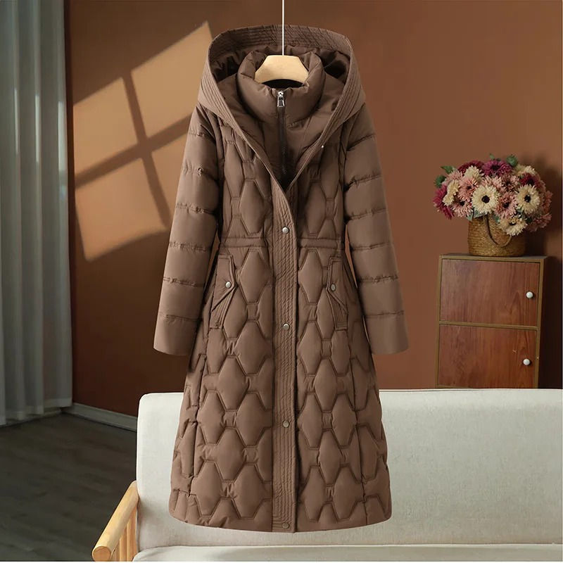 Thumbnail: Women's long brown quilted thermal coat with hood