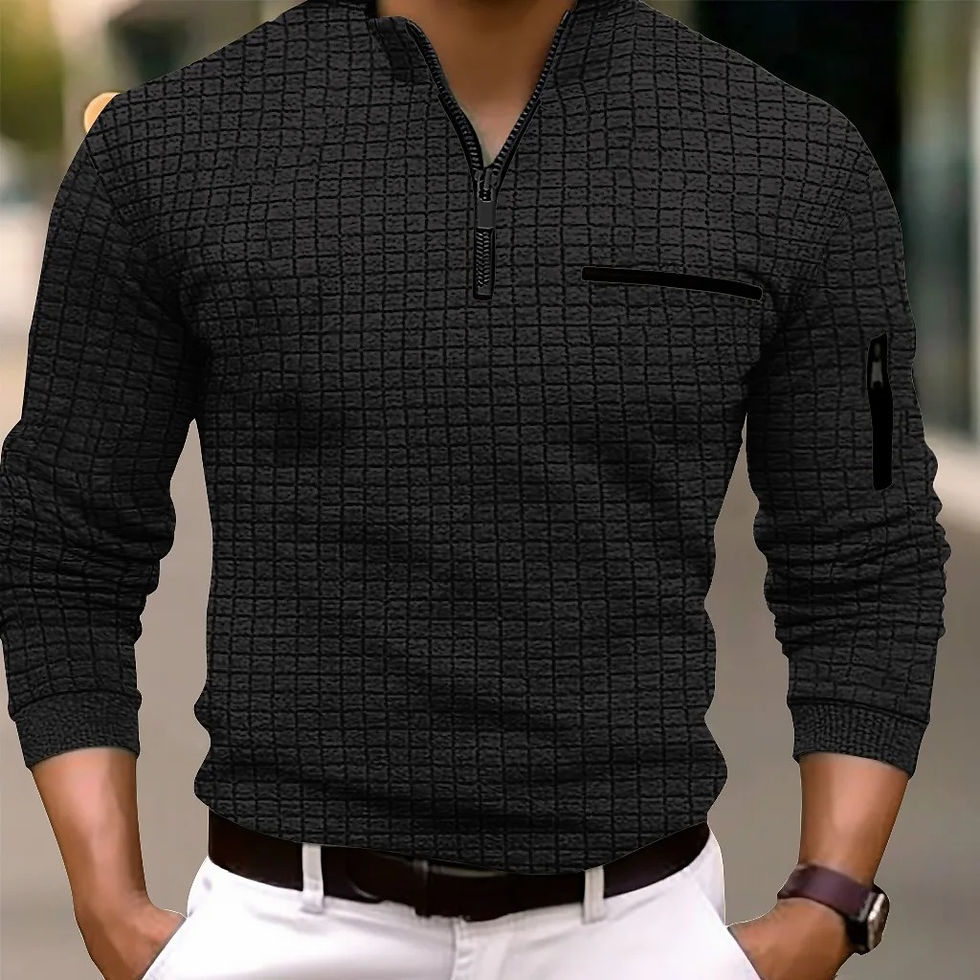 Thumbnail: Man in dark patterned quarter-zip shirt