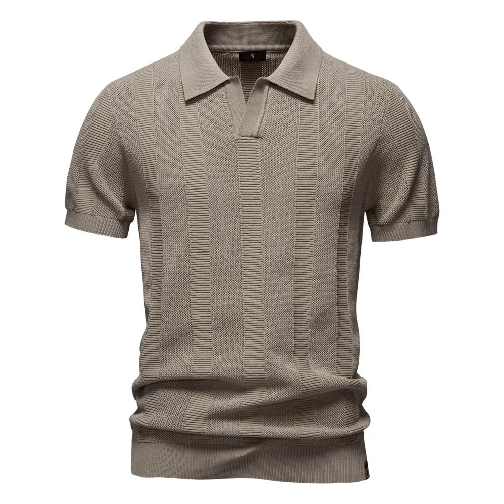 Beige knitted short-sleeve polo shirt