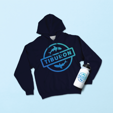 Mockup of a sweatshirt and a water bottle with Tiburon Swim Academy logo