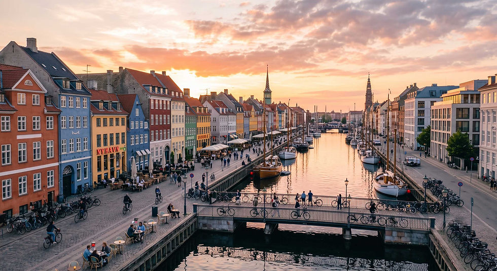 Vista del colorido canal de Nyhavn en Copenhague, Dinamarca, al atardecer, con embarcaciones, arquitectura histórica y ambiente vibrante junto al mar.