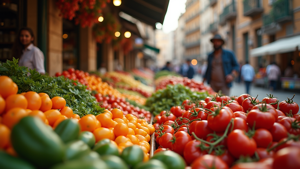 Vista panorámica de un mercado tradicional con colores vivos