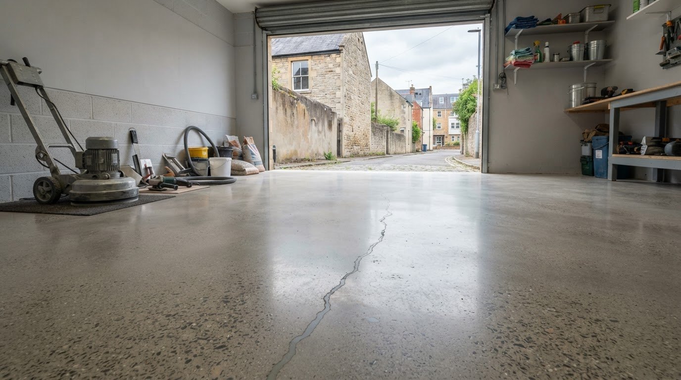 Garage concrete floor polishing in Bristol with crack repair