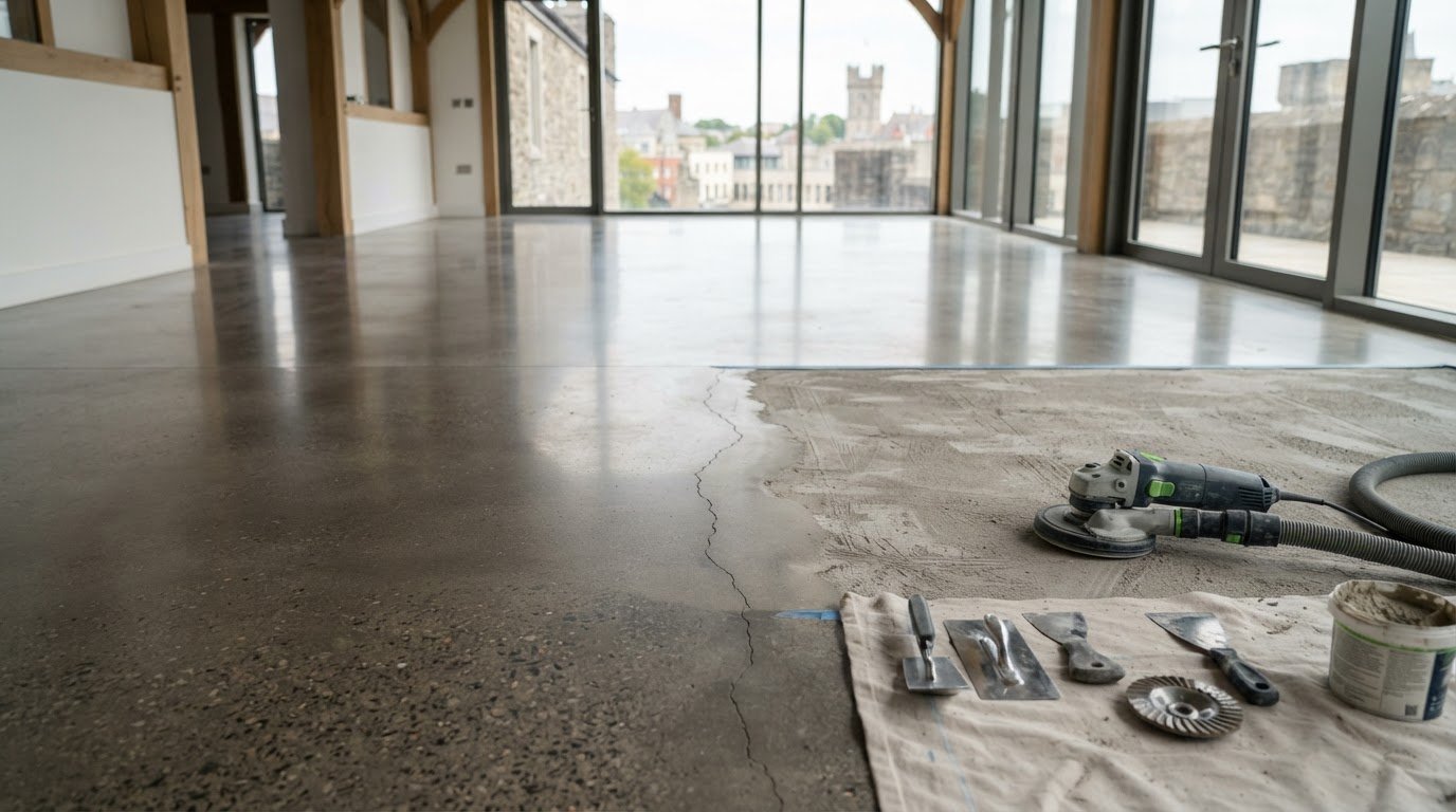 Stained concrete floor restoration in Cardiff, with repair options