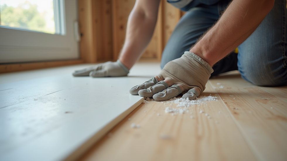 Close-up view of flooring installer applying adhesive to subfloor