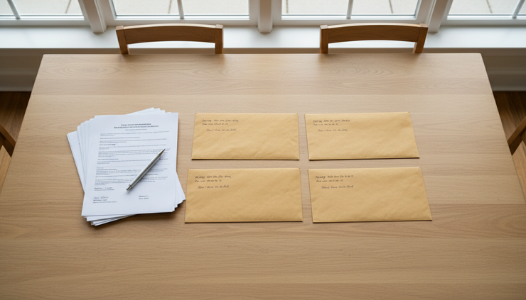 Overhead view of sealed envelopes and completed document copies on a table.