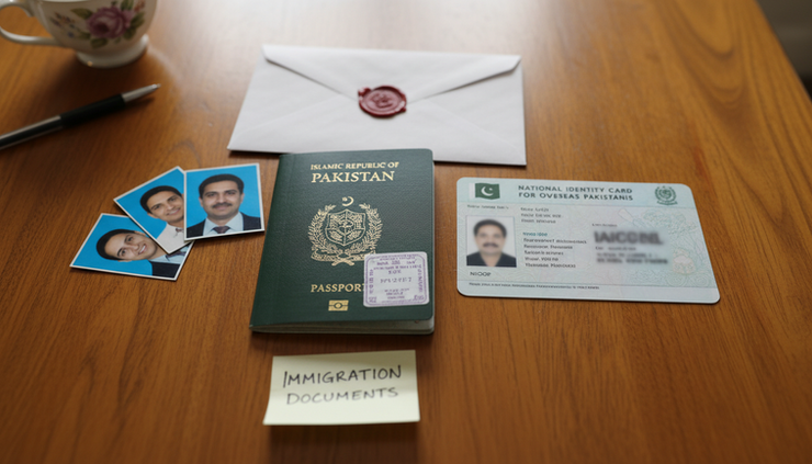 Eye-level view of a passport and Pakistani identity documents on a wooden table.