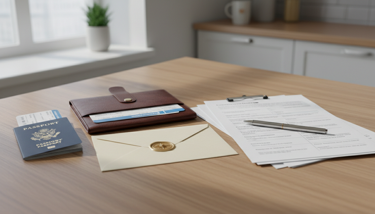 Eye-level view of travel documents and a sealed envelope on a kitchen table