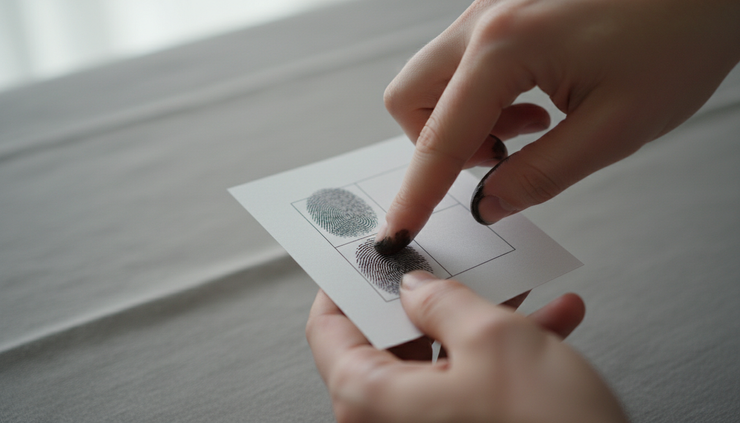 Close-up of inked fingertips being pressed onto a fingerprint card