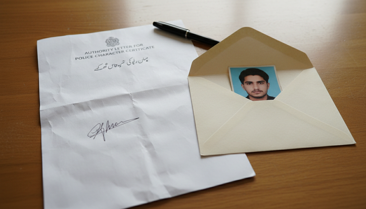 Close-up of a signed authority letter beside a pen and envelope.