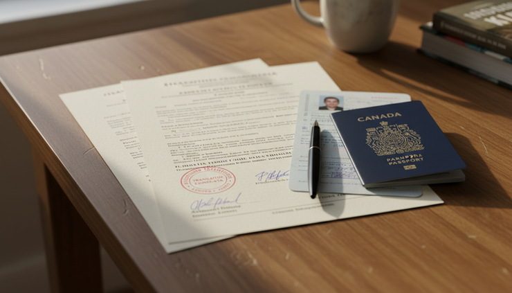 Close-up view of translated documents beside a passport and pen on a kitchen table.