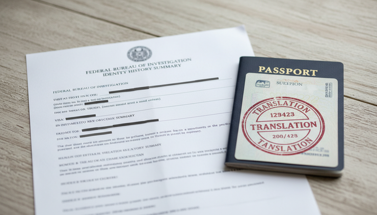 Close-up view of an FBI result page beside a translation stamp and passport