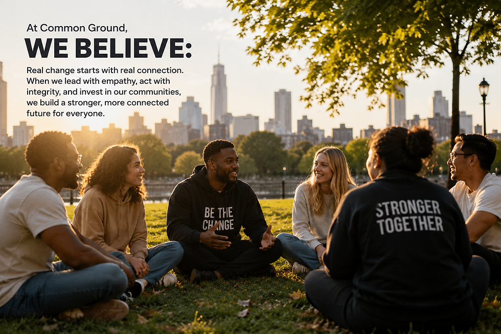 Diverse people sitting in a park at sunset with city skyline