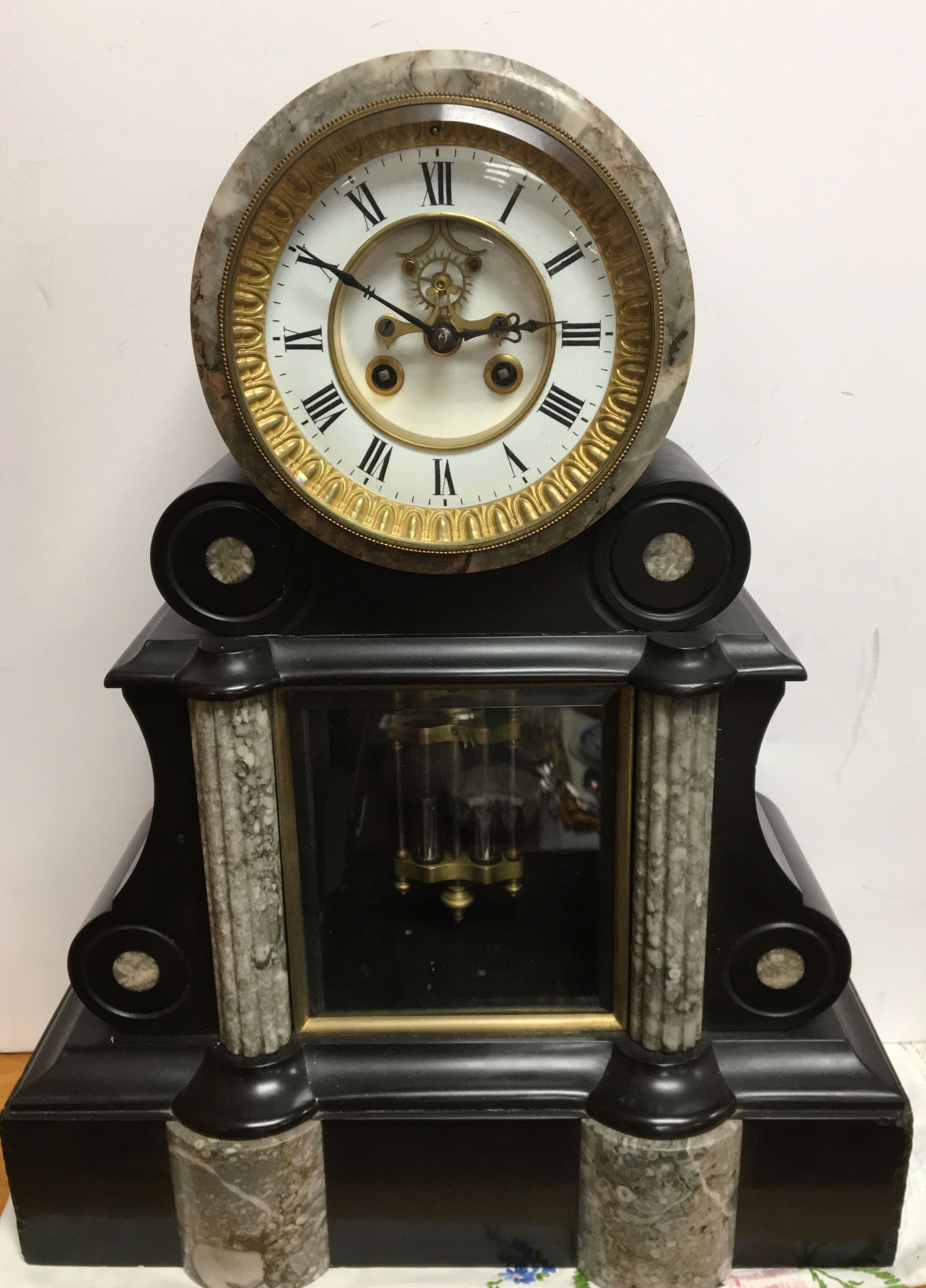 FRENCH DRUMHEAD SLATE AND MARBLE MERCURY PENDULUM CLOCK - SOLD