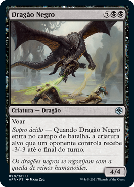Dia. Um dragão de coloração preta voa baixo enquanto bafora uma nuvem de ácido em uma pessoa caída de armadura. O dragão tem escamas amareladas na parte inferior das asas, cauda e barriga. Possui dois chifres horizontais, um de cada lado da cabeça, que terminam ao lado da boca. A nuvem de ácido tem coloração verde claro. Outra criatura humanoide, caída próxima dali, tem uma fumaça clara saindo de seu corpo. Ao fundo, um lago, árvores e o céu nublado.