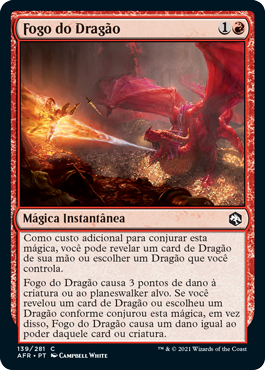 Sobre um tesouro, um dragão vermelho bafora um jato de fogo na direção de uma criatura humanoide, que é incinerada. Próxima ao corpo, uma espada no ar, caindo. Ao fundo, paredes de pedra.