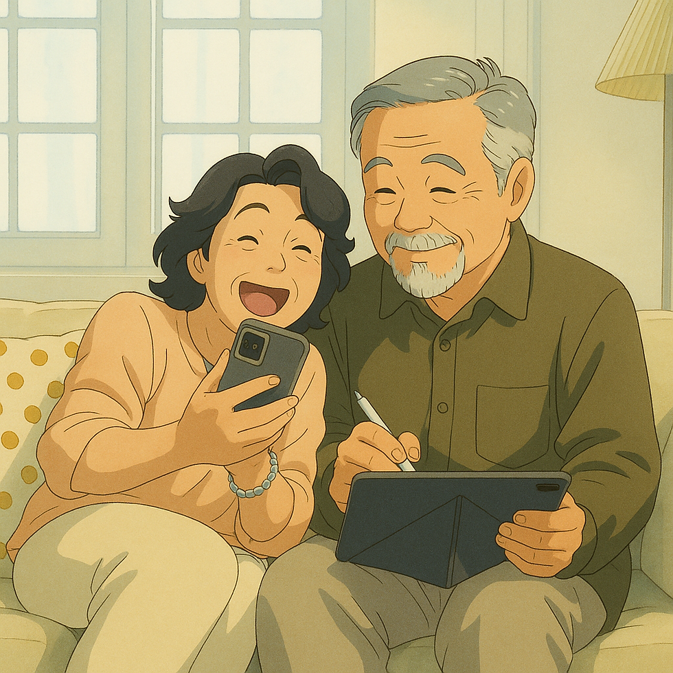 Elderly couple on a couch, laughing. Woman holds a phone, man uses a tablet stylus. Sunlit room with polka dot pillows. Warm, happy mood.