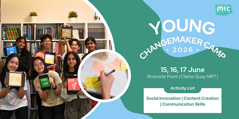 Young people hold sustainability signs in a library. Text: Young Changemaker Camp 2026, June 15-17, Riverside Point. Activities: Social Innovation, etc.