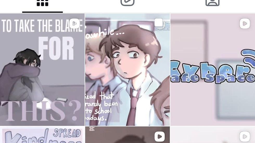 Instagram profile "cyber_safe_space_" with posts on cyberbullying awareness. Anime-style art features concerned characters and positive messages.