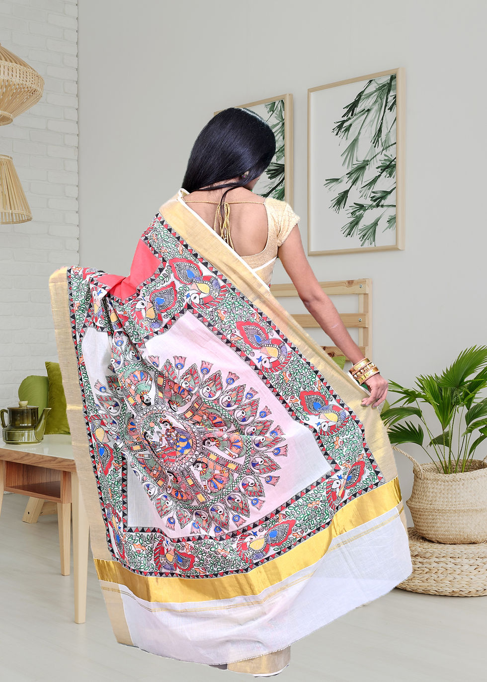 Thumbnail: "Dance of Harmony" Madhubani Hand painted, Khadi Cotton Saree