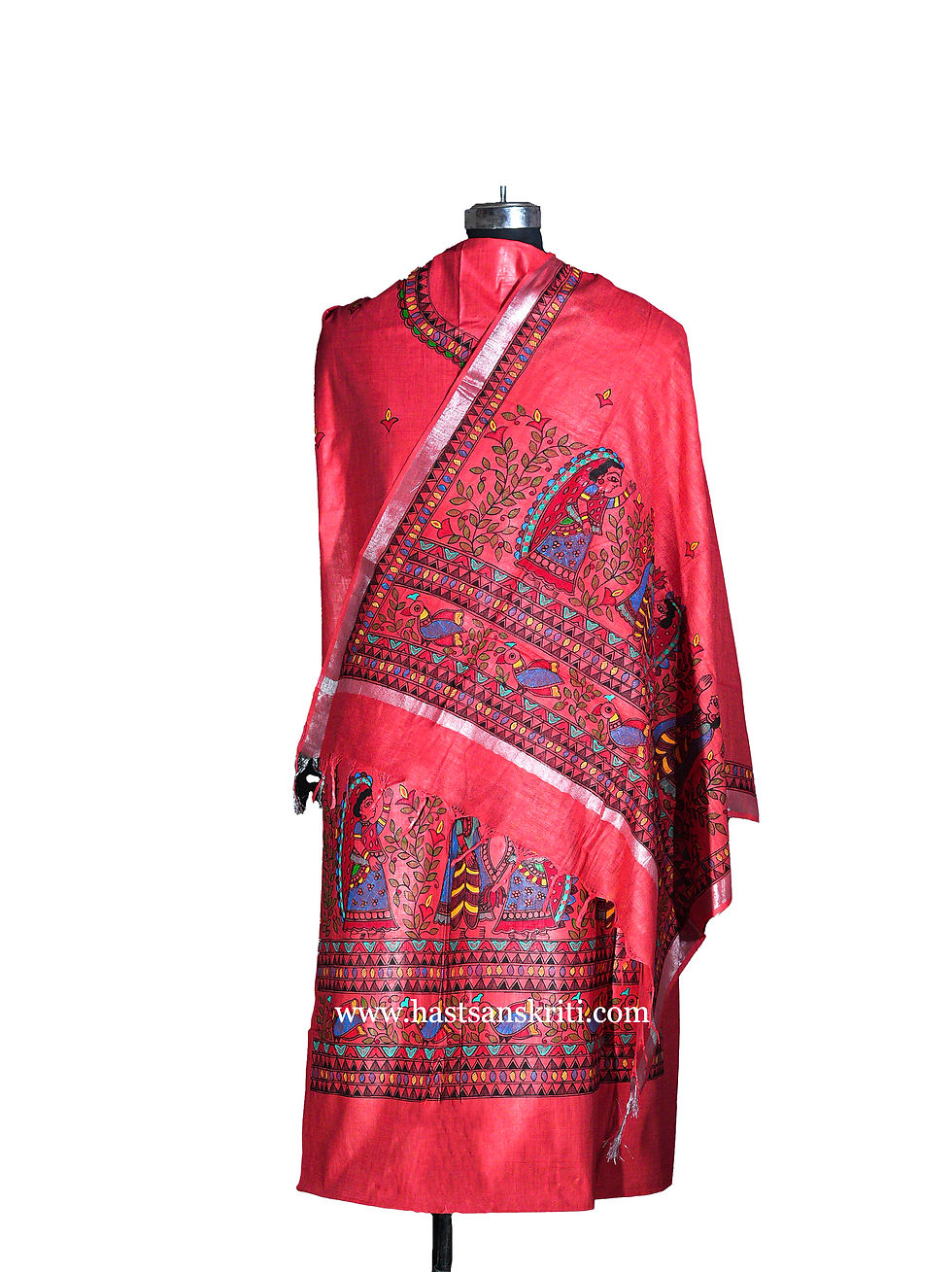 Thumbnail: "Red Grace" Hand Painted unstitched Khadi Cotton Salwar Suit and Dupa
