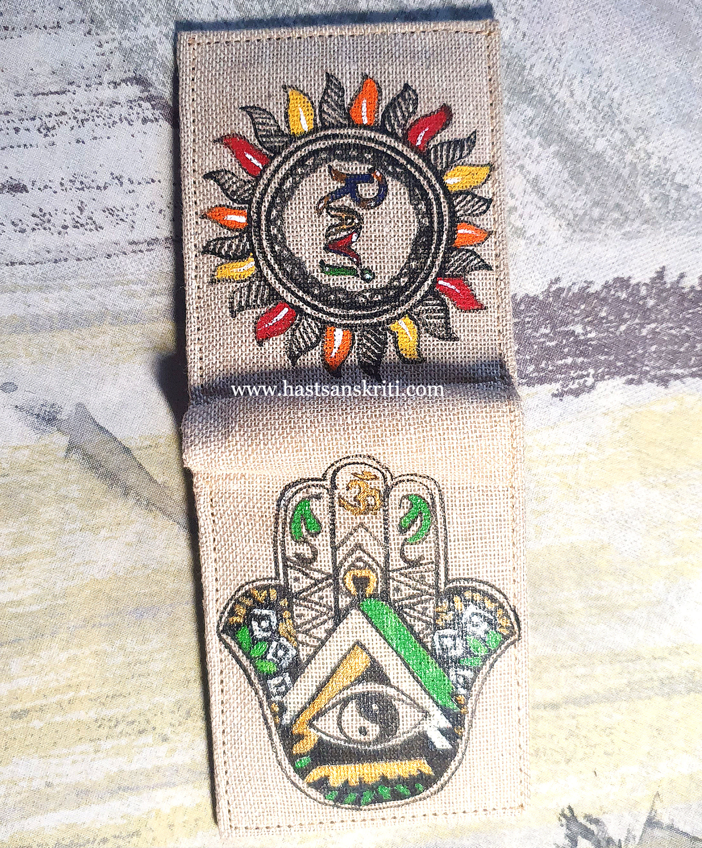 Sun Wallet, Organic and Eco Friendly, Madhubani Hand Painted Jute Wallet