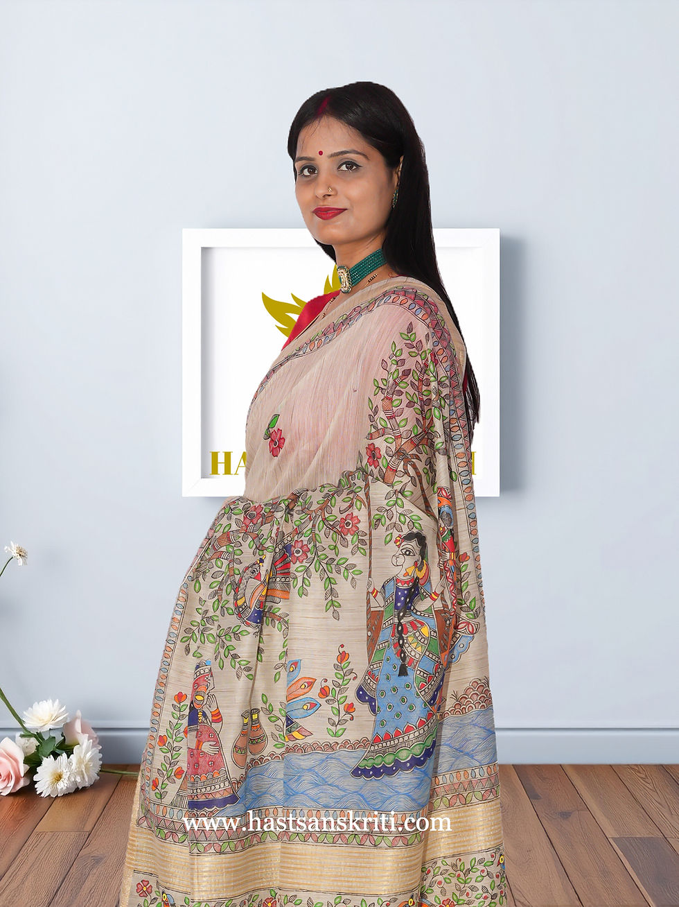 Thumbnail: "Joyful Swing" Hand Painted, Madhubani Tusser Silk Saree