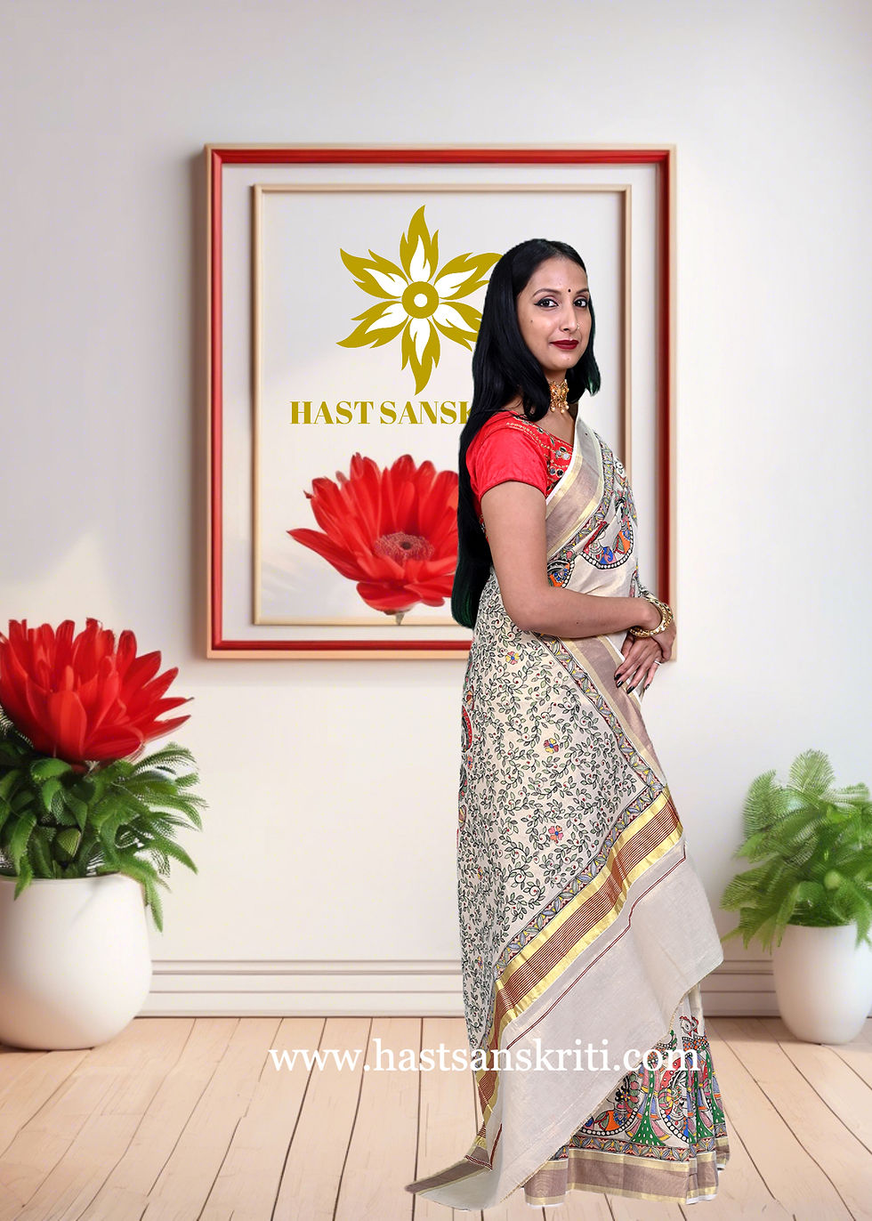 Thumbnail: "Chand Ki Chandni" Hand painted Madhubani Kerala Golden Saree