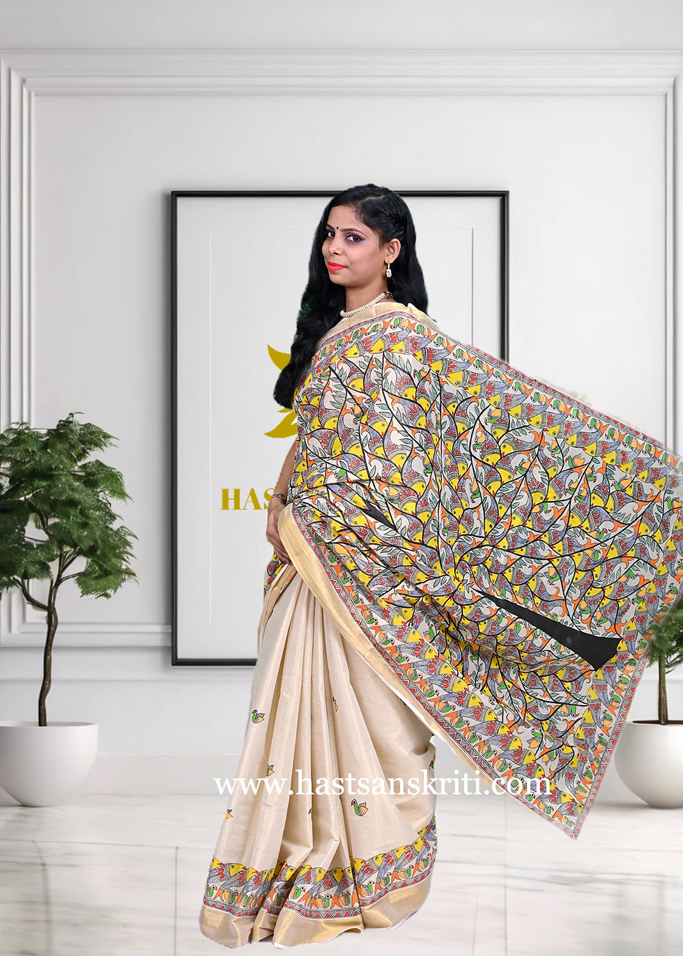 Thumbnail: "Tree of Life: Fish Leaves" Hand Painted Madhubani, Kerala Golden Saree