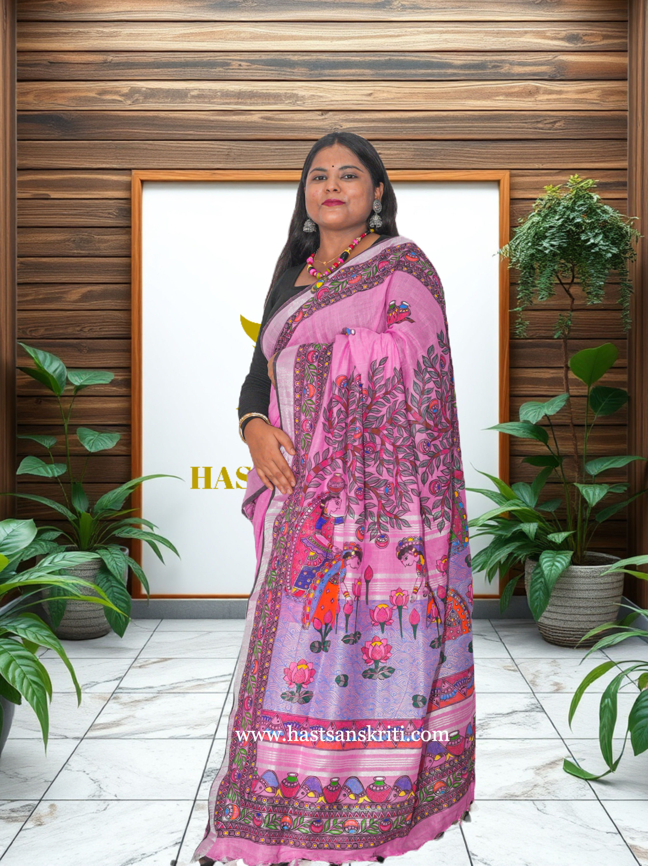 "Sarovar Anandam" Hand Painted, Madhubani Cotton Linnen Pink Saree