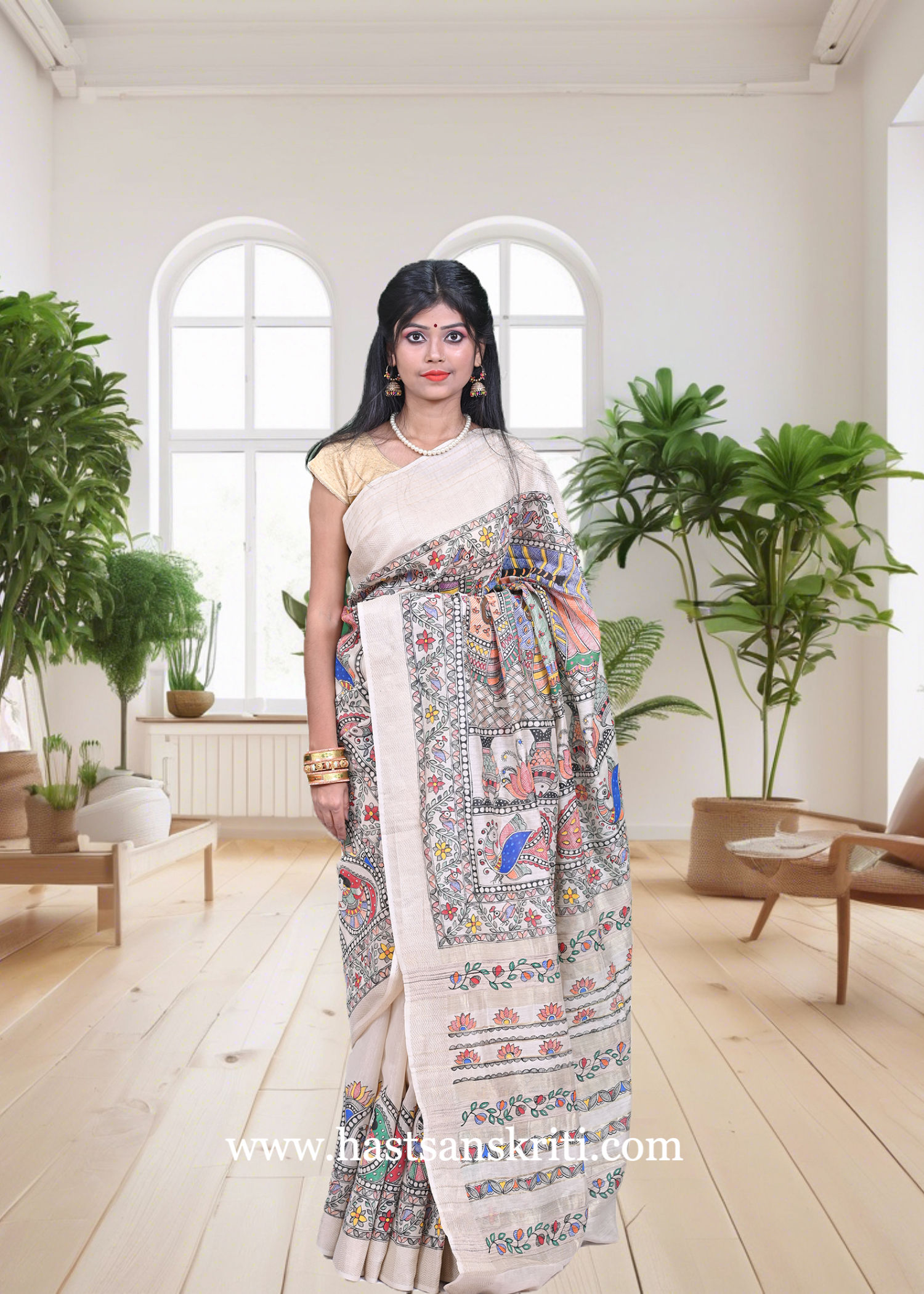 "Swayamvar" Hand Painted Madhubani, Natural Munga Silk Saree