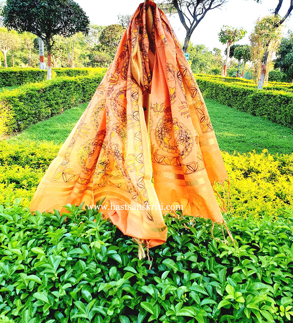 Thumbnail: "Lucky Two Fish" Hand Painted Madhubani Cotton Dupatta