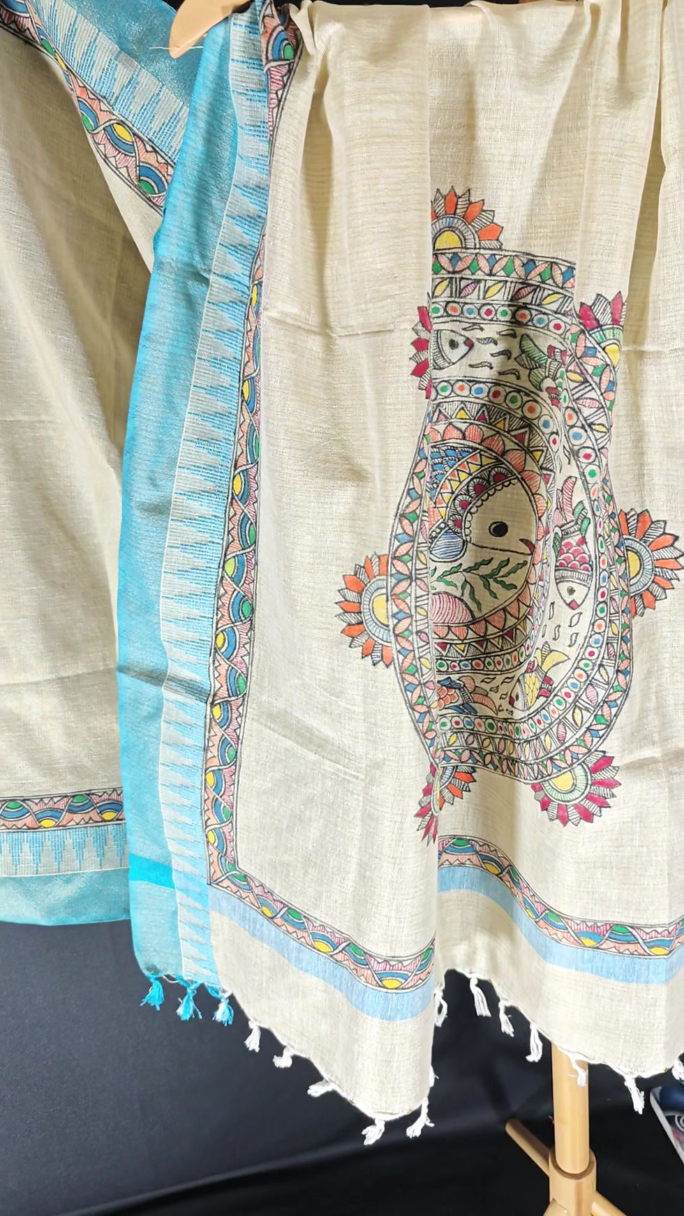 Thumbnail: "Matsya Chakra"  Hand painted madhubani Khadi Cotton blue border Dupatta