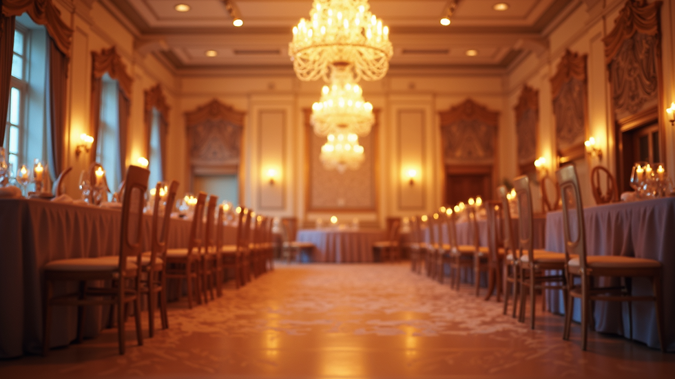 Eye-level view of a beautifully decorated event hall with tables and chairs arranged neatly