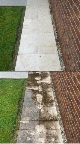 Before and after of a slippery pathway which is now safe and free of moss and algae after a pressure washing service 