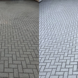 Before and after image displaying driveway that has been pressure washed