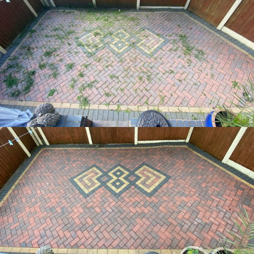 Before and after of red stone patio area 
