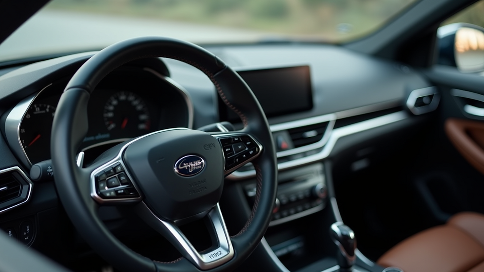 Close-up view of a clean and polished car dashboard and steering wheel