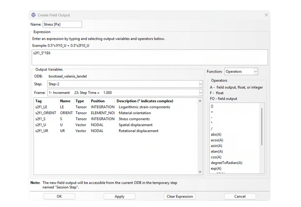 Create Field Output window in Abaqus for defining a custom stress field by applying a mathematical expression.