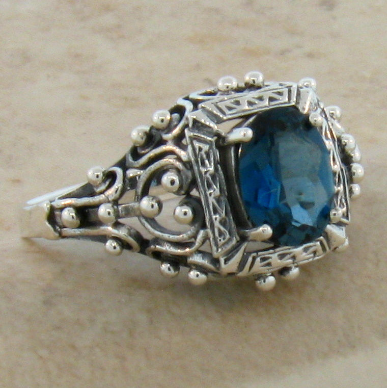 #228 – Genuine London Blue Topaz Antique Victorian Design .925 SS Ring R