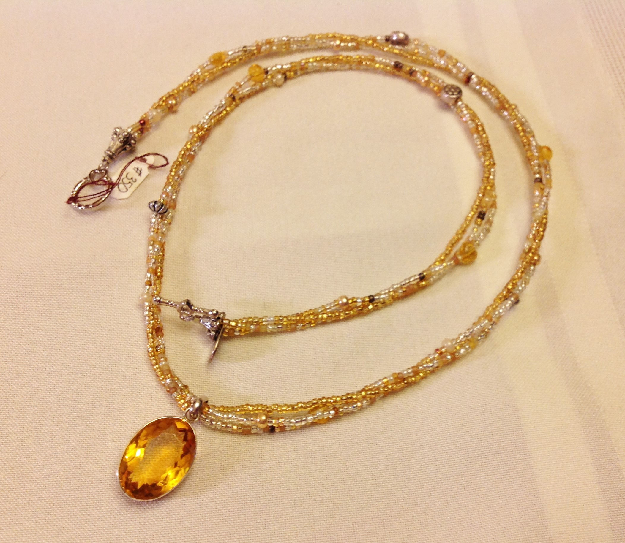 #350 - Multi strand necklace with Solid Sterling Golden Citrine Pendant